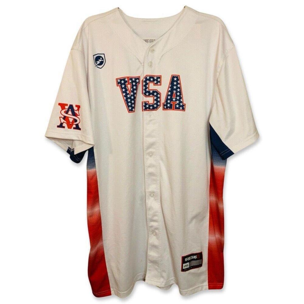VSA Baseball Jersey V-Neck Button Up Patriotic Short Sleeve Mens 2X White - Picture 2 of 6